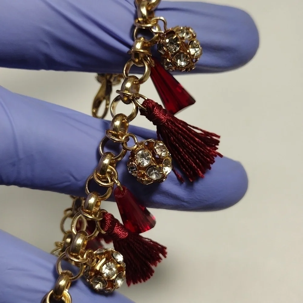 Women's Polished Gold-tone Red Beaded Tassel Bracelet w/ Sparkling Crystal Balls